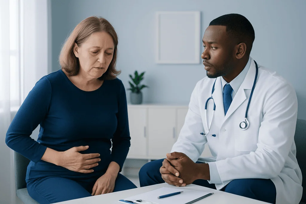 Doctor consulting with a woman about her stomach pain in a medical office.