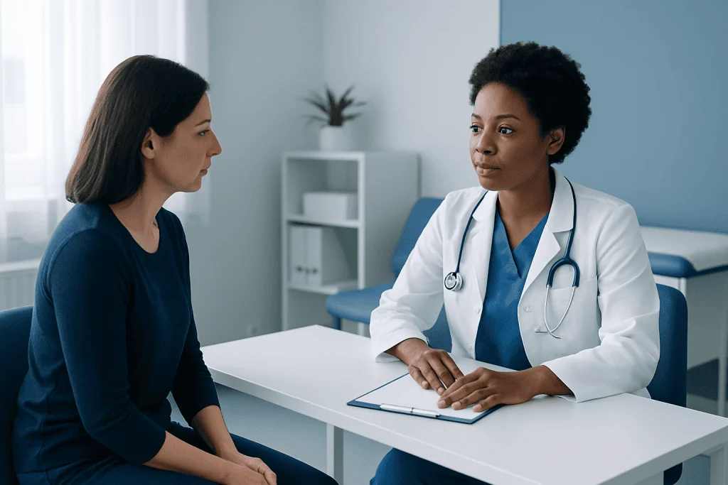 Doctor consulting a patient in a medical office setting.