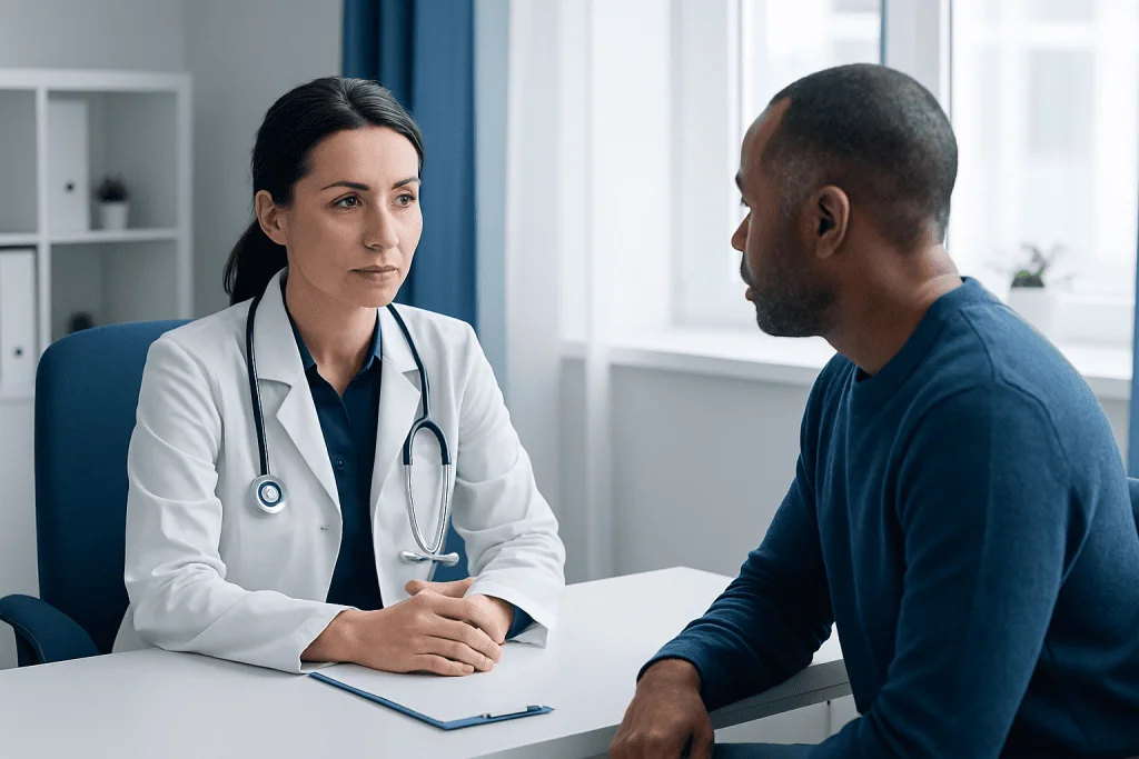 Doctor consulting with patient in a medical office setting.