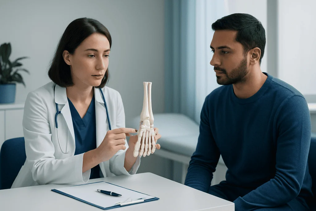 Doctor explaining MTP joint anatomy to patient in consultation room.