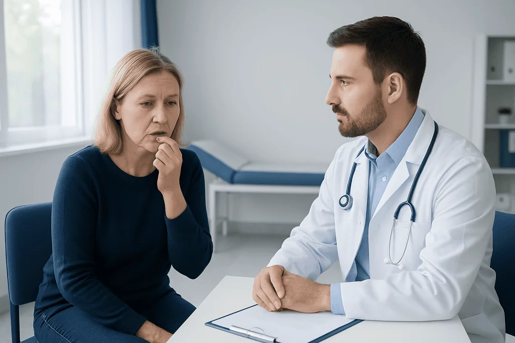 Doctor consulting with a middle-aged woman about health concerns in a clinical setting.