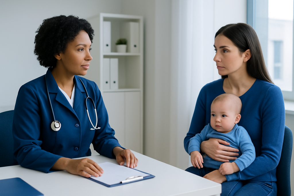 Pediatric consultation with doctor and mother holding baby in clinic.