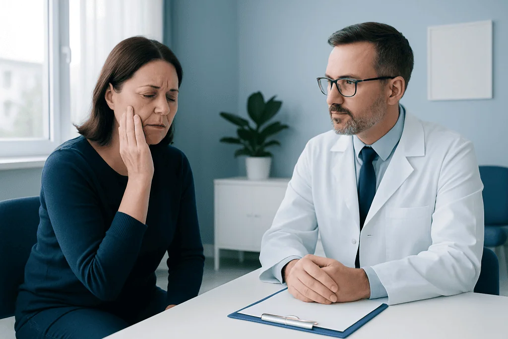 Doctor consulting with a woman experiencing face tingling symptoms.