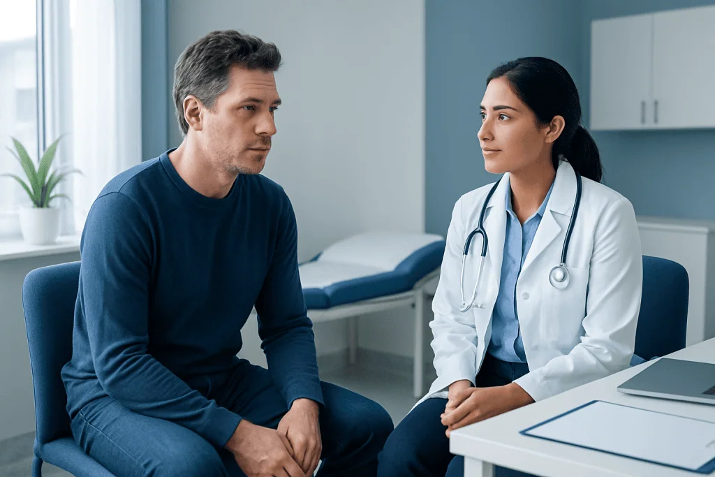 Doctor consulting with patient about leg muscle quiver symptoms.
