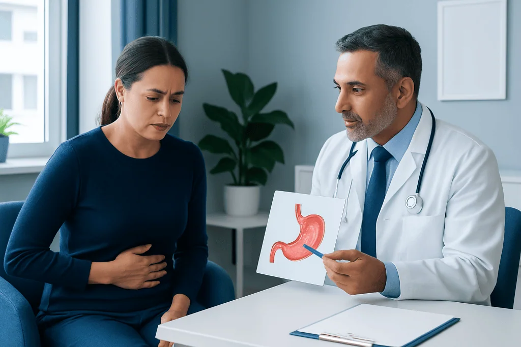 Doctor explaining stomach issues to a patient with stomach pain.