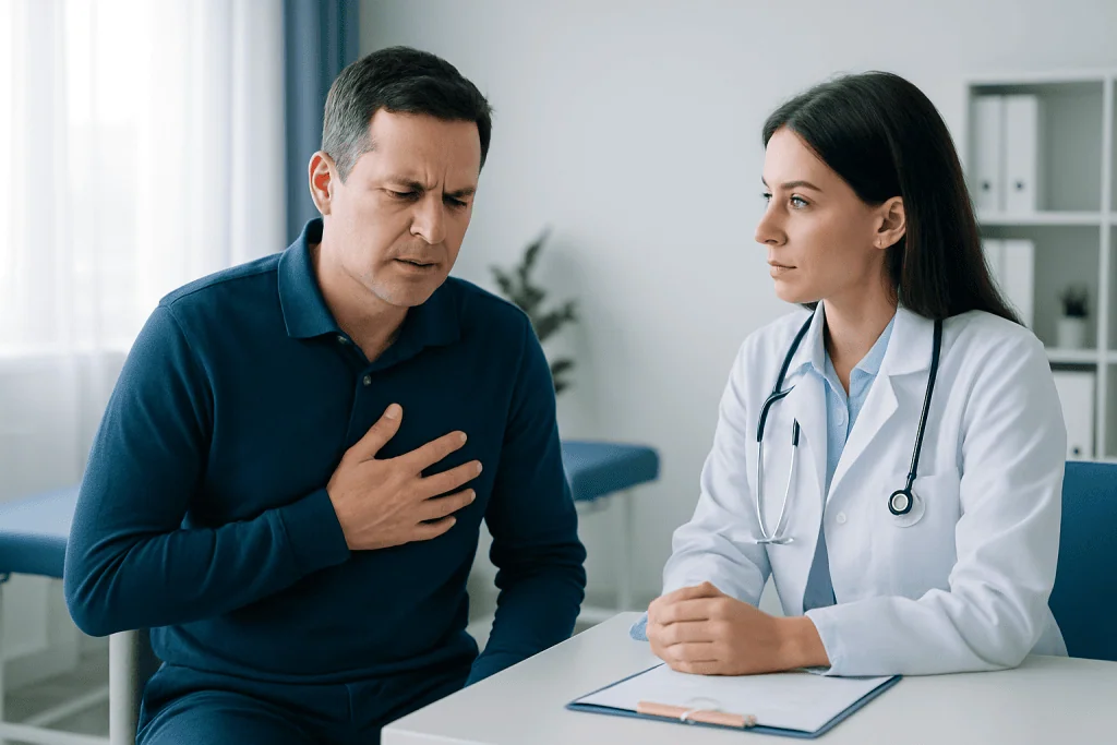 Patient experiencing chest discomfort during medical consultation at Acibadem Hospital.