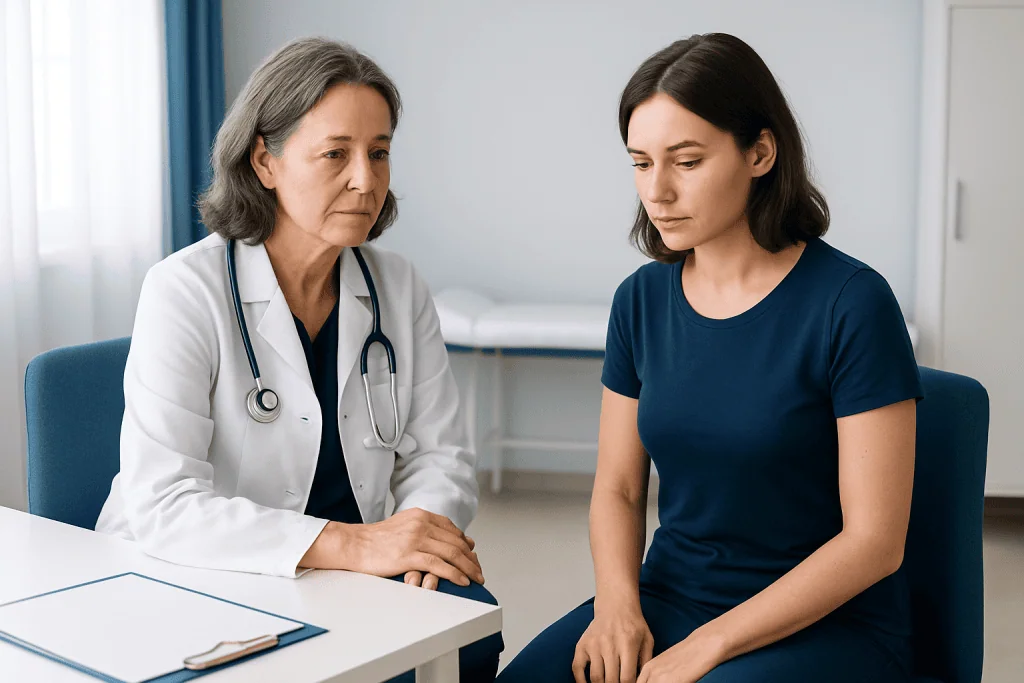 Doctor consulting with a young female patient in a medical office.