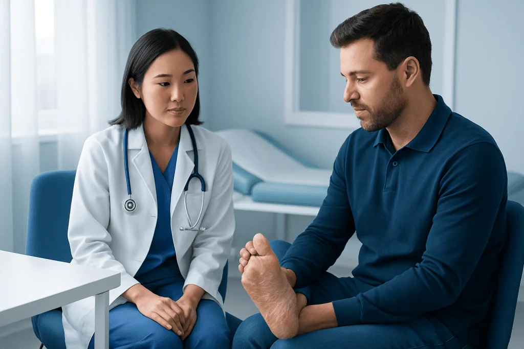 Doctor consulting male patient about foot health in clinic setting.