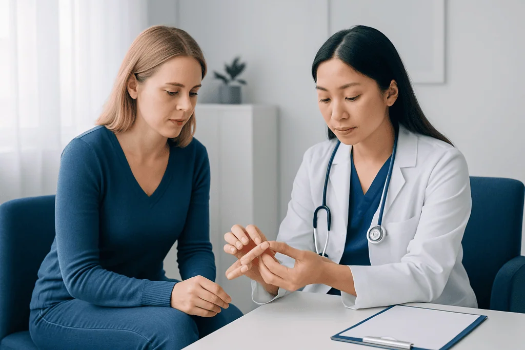 Doctor explaining finger injury to patient in consultation room.