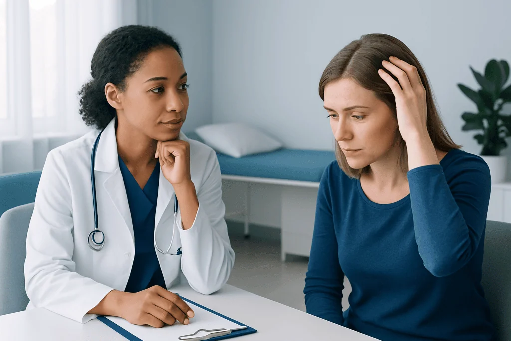 Doctor consulting with a patient about dry scrap symptoms and treatment options.