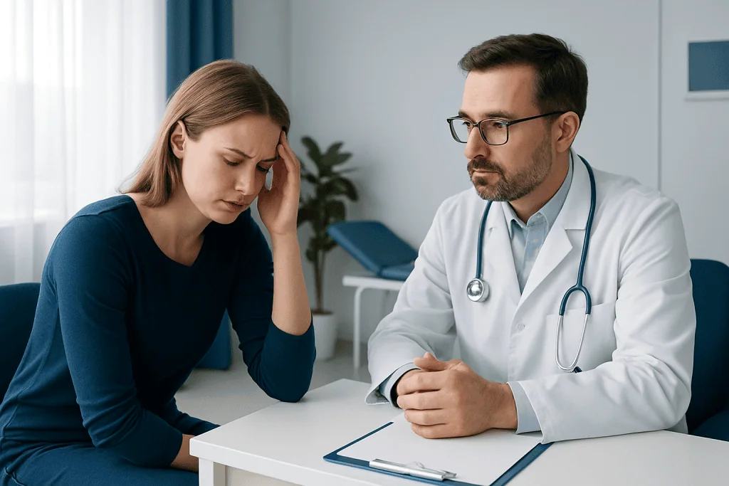 Doctor consulting with a woman experiencing headache and dizziness.