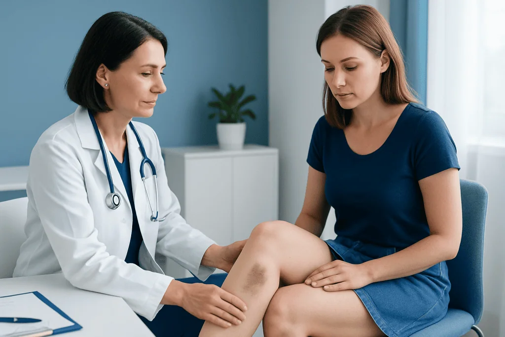 Doctor examining a patient's leg with bruises in a clinical setting.