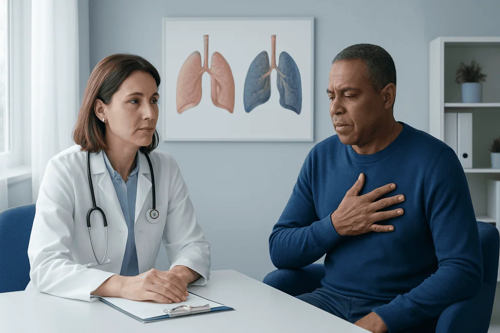 Doctor consulting with patient about lung health and breathing issues.