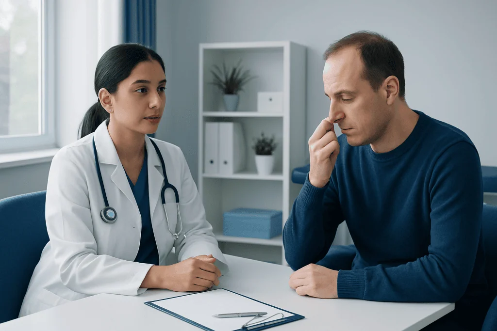 Doctor consulting with male patient about nasal spots in a clinic setting.