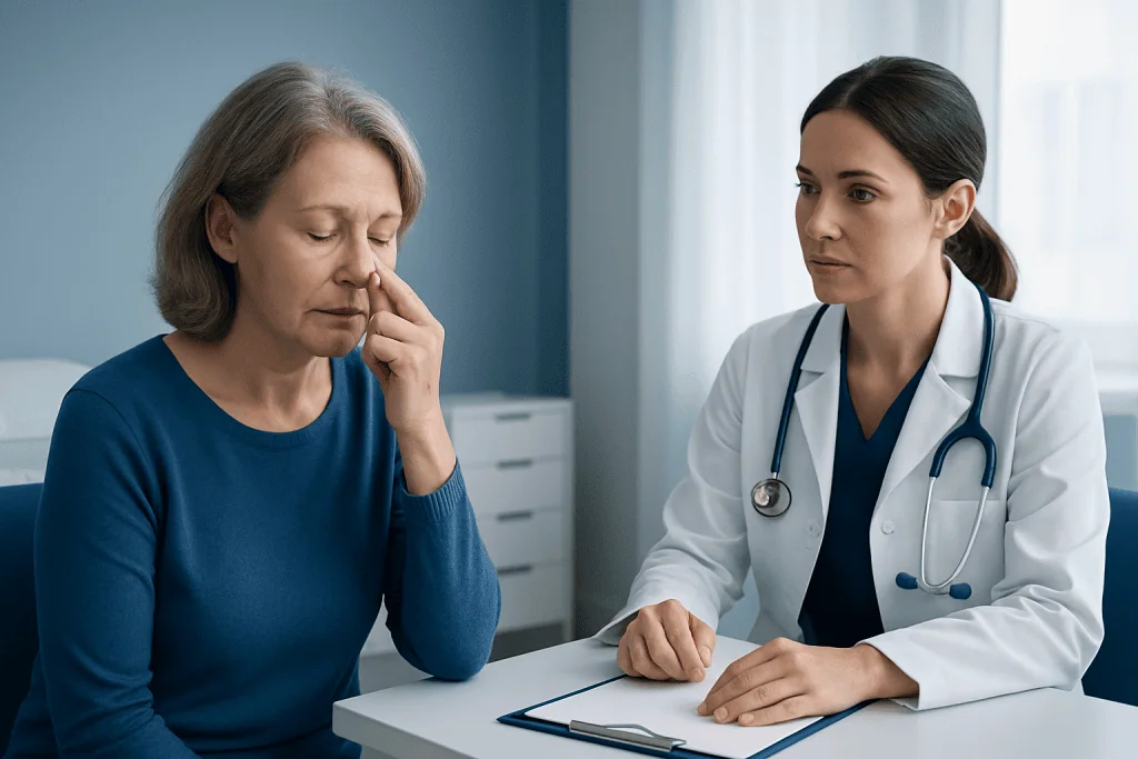 Doctor consulting with an elderly woman about nasal issues in a clinical setting.