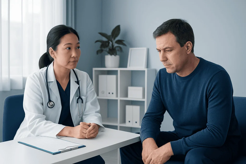 Doctor consulting with male patient in a medical office.