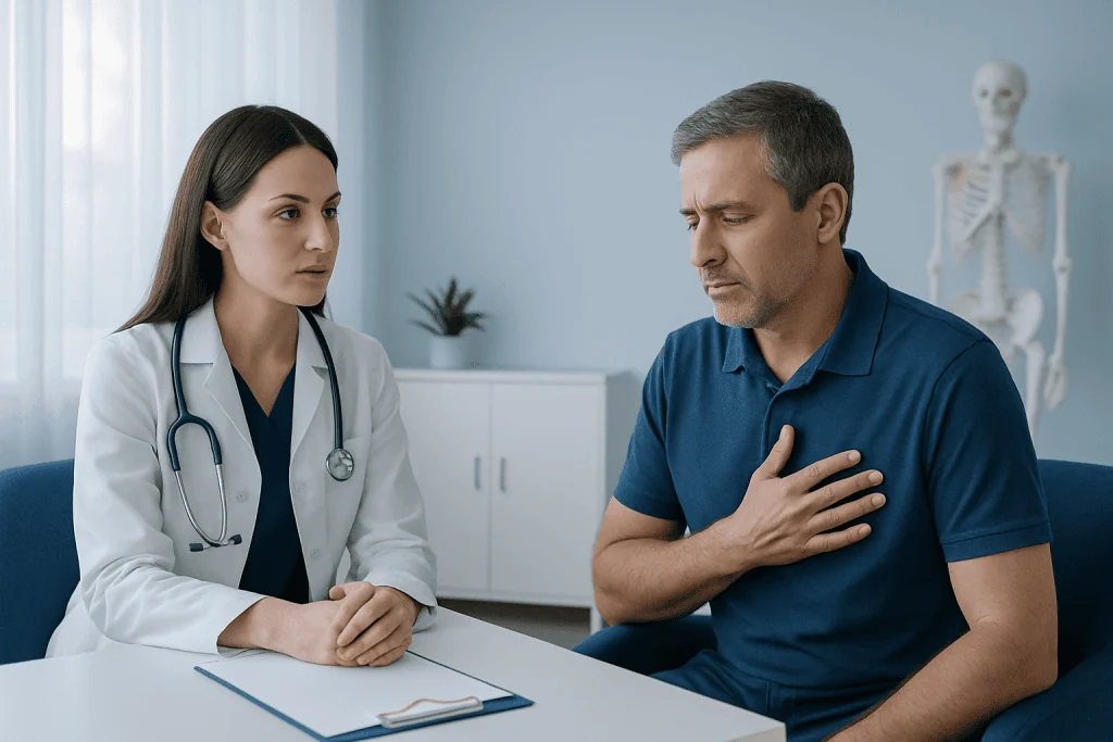 Doctor consulting with a patient experiencing chest pain in a medical office.