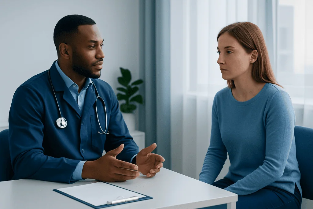 Doctor consulting with a female patient in a medical office.