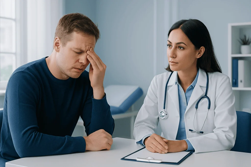 Patient with headache consulting a doctor in a medical office.