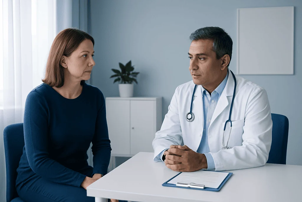 Doctor consulting with a female patient in a medical office.