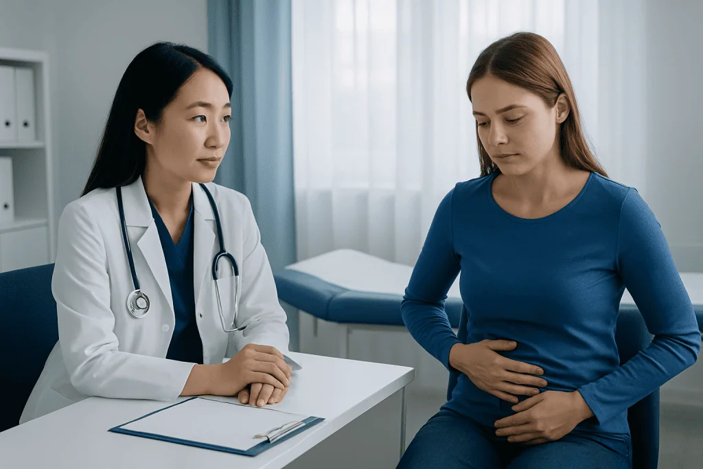 Doctor consulting with a patient about stomach issues in a medical clinic.