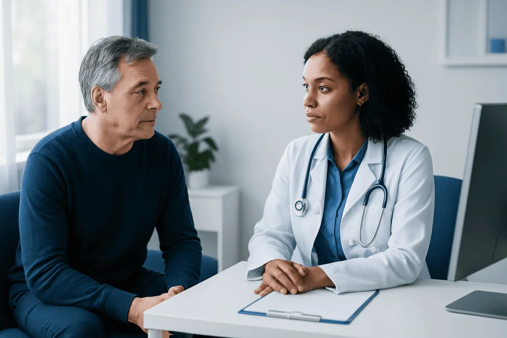 Doctor consulting with a patient in a medical office setting.