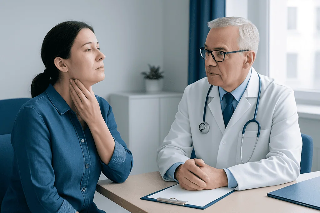 Doctor examining a patient with neck discomfort in a clinical setting.