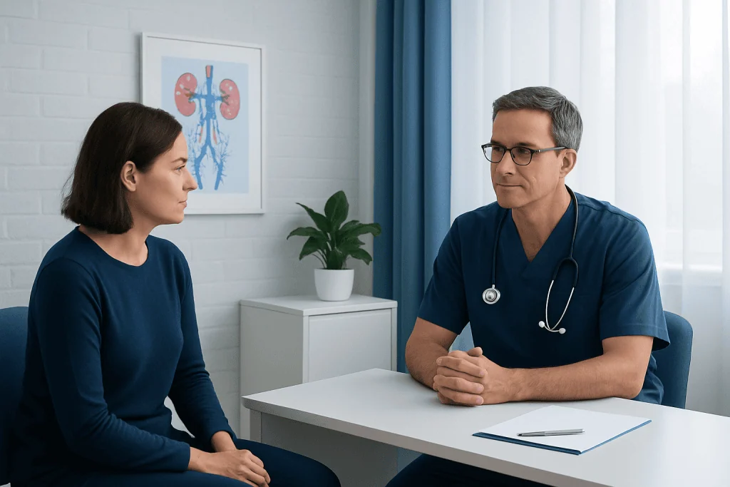 Doctor consulting with a female patient in a medical office.