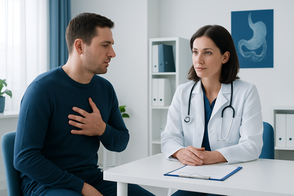 Doctor consulting with patient about heartburn symptoms in a medical office.
