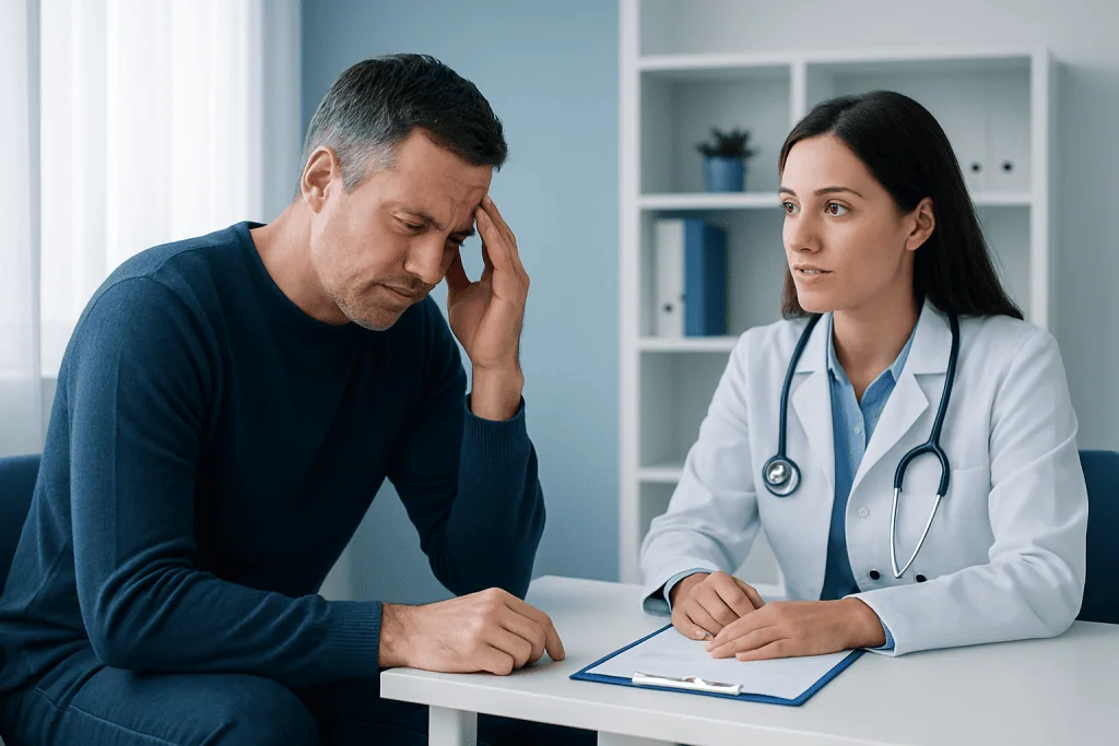 Doctor consulting with a patient experiencing dizziness at Acibadem Hospital.