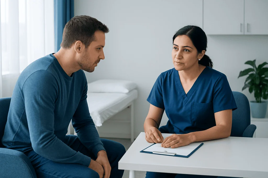 Doctor consulting with a patient in a medical office setting.