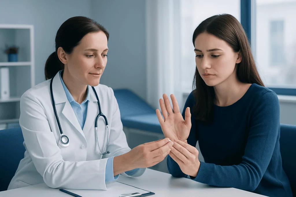 Doctor examining patient's hand for skin issues at Acibadem Hospital.