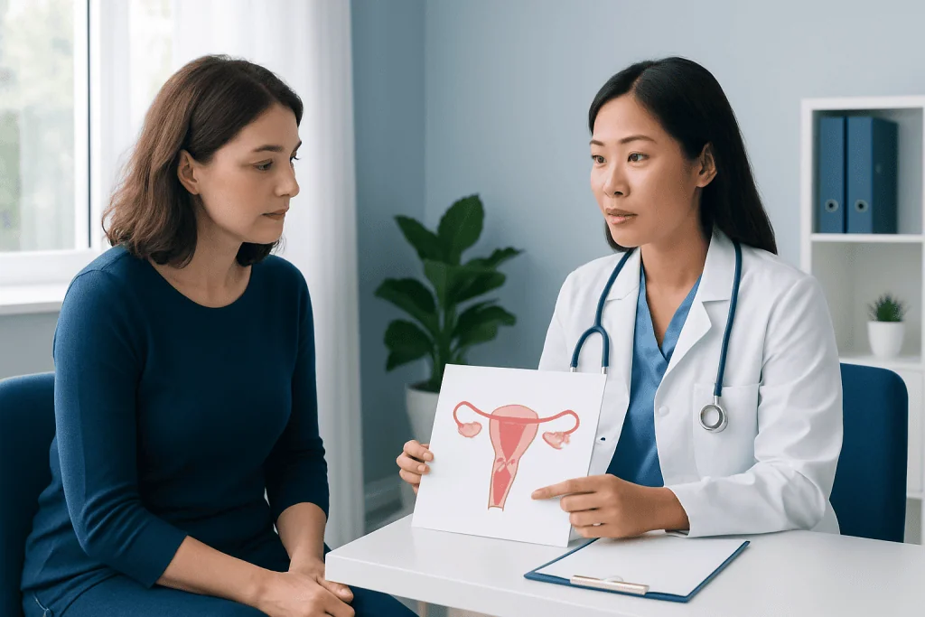 Doctor explains adnexal mass to patient using anatomical diagram.