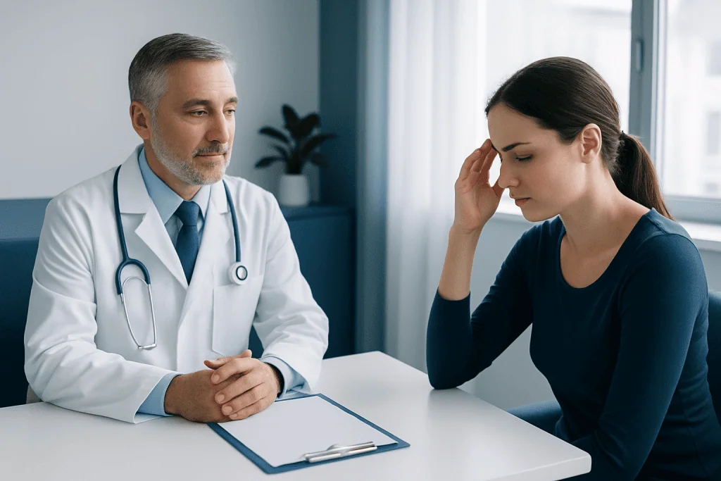 Doctor consulting with a young woman in a medical office setting.