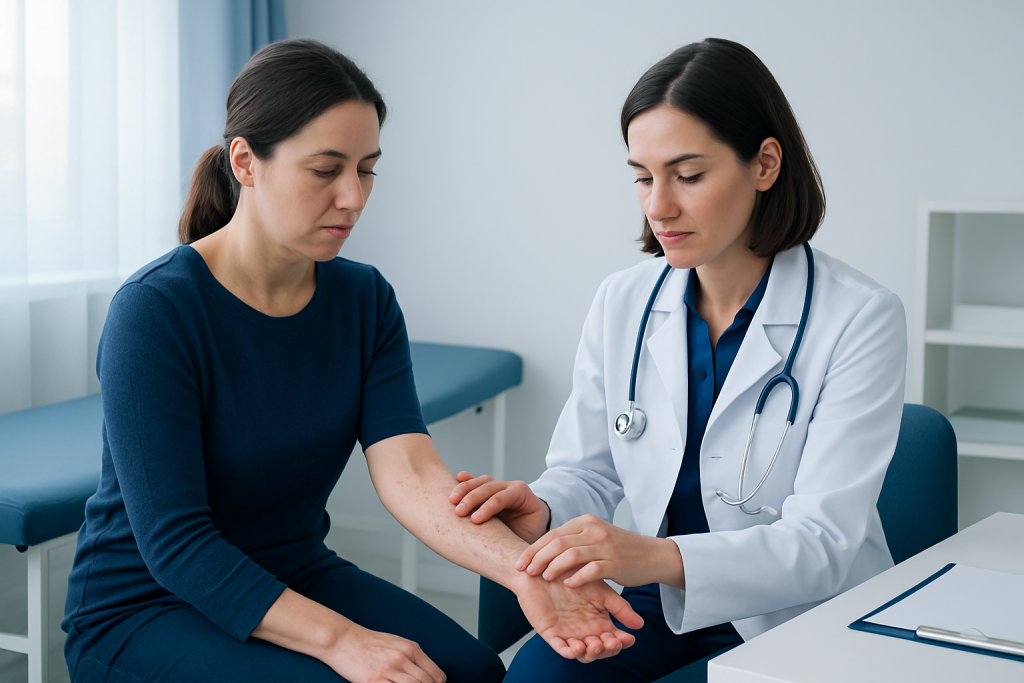 Doctor examining patient's arm for purpuric rash or skin discoloration.