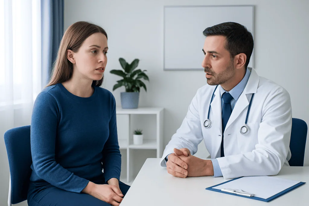 Doctor consulting with a female patient in a medical office.