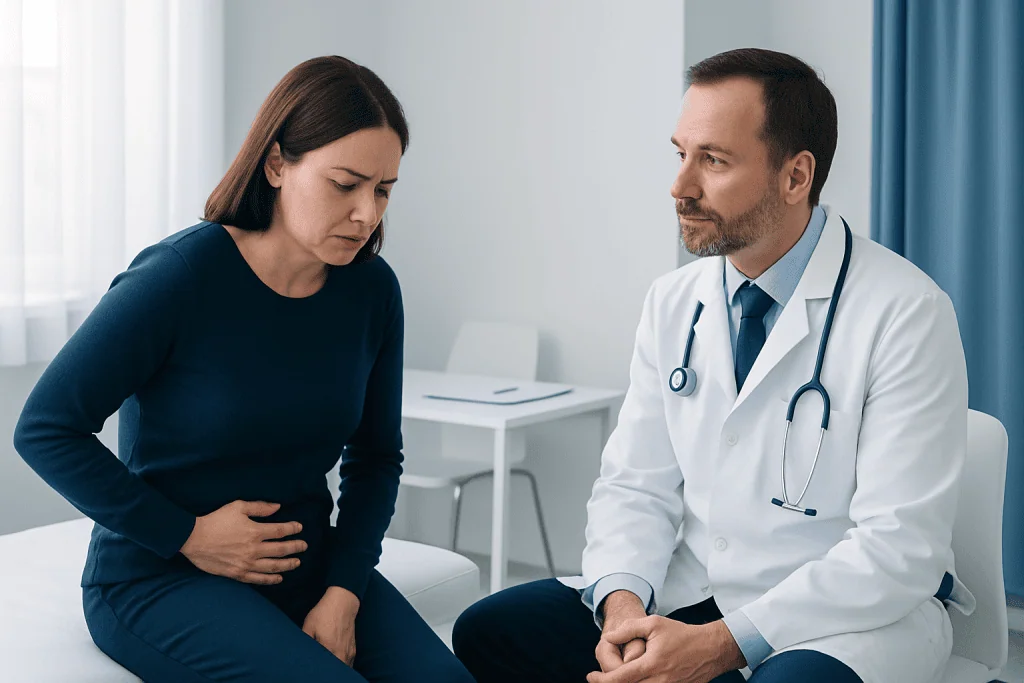 Doctor consulting with a woman patient about abdominal discomfort.