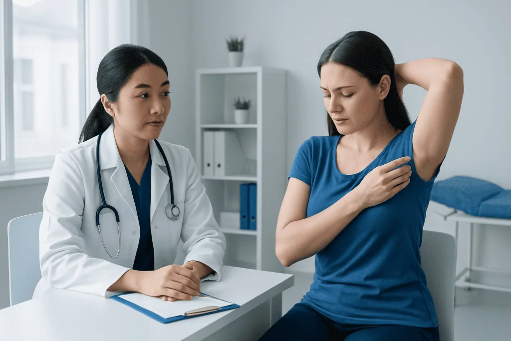 Doctor consulting with patient about underarm skin issue in clinic.