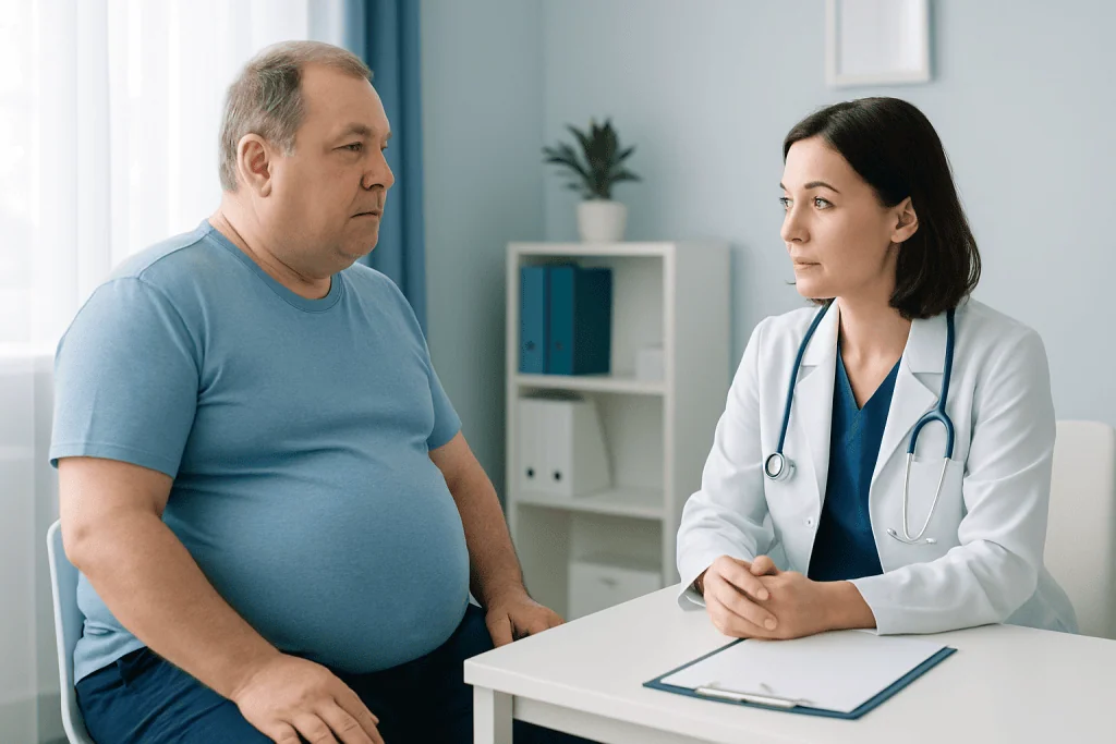 Doctor consulting with overweight male patient in a medical office.