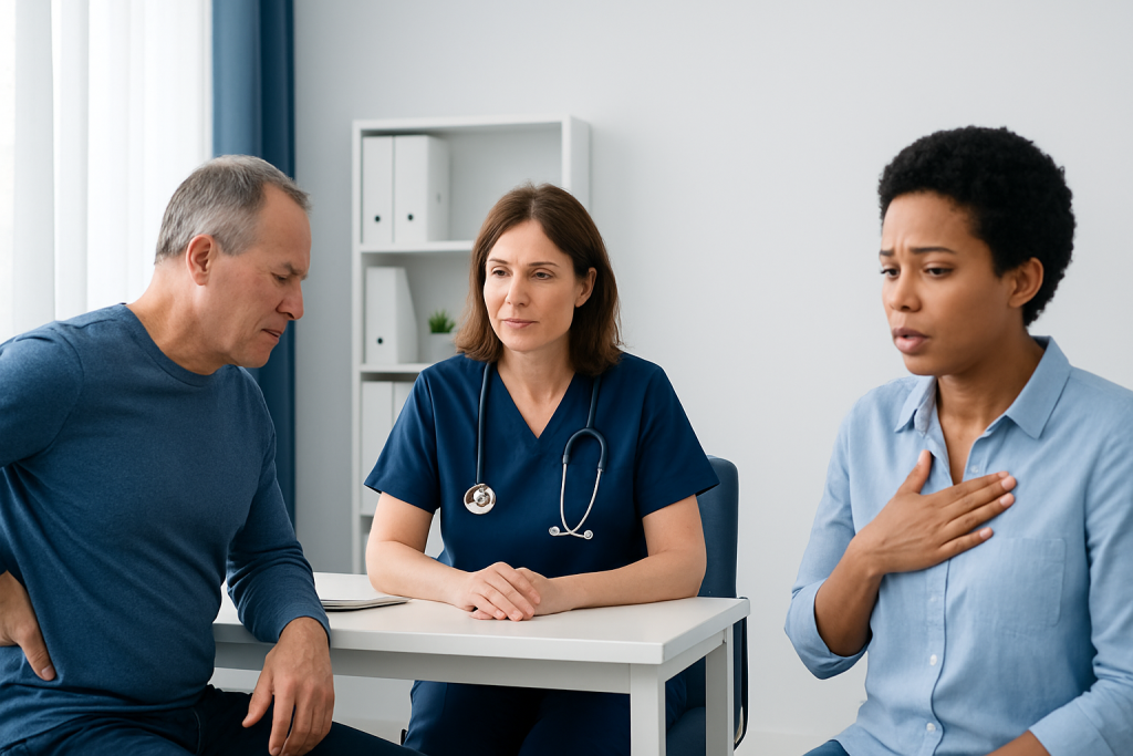 Doctor consulting with patient about backache and shortness of breath.