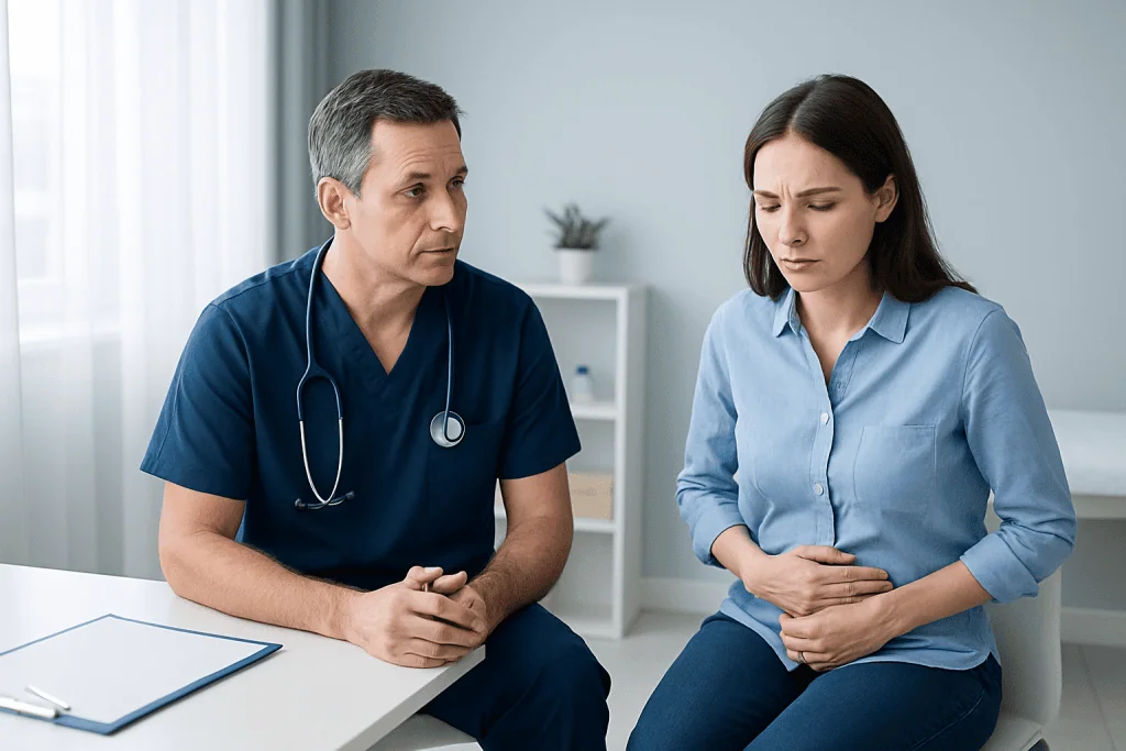 Doctor consulting with a woman patient about abdominal pain.
