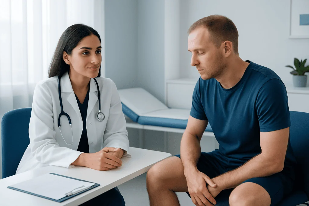Doctor consulting male patient in a medical office setting.