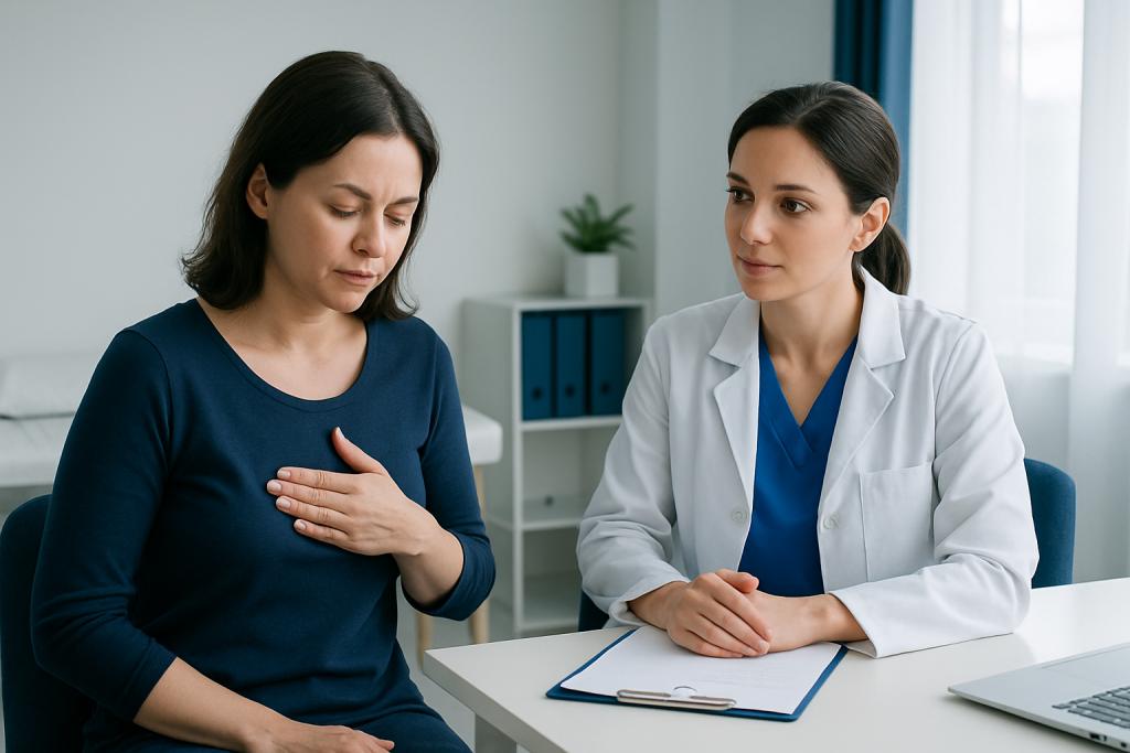 Doctor consulting with a woman experiencing breast tenderness in a clinical setting.
