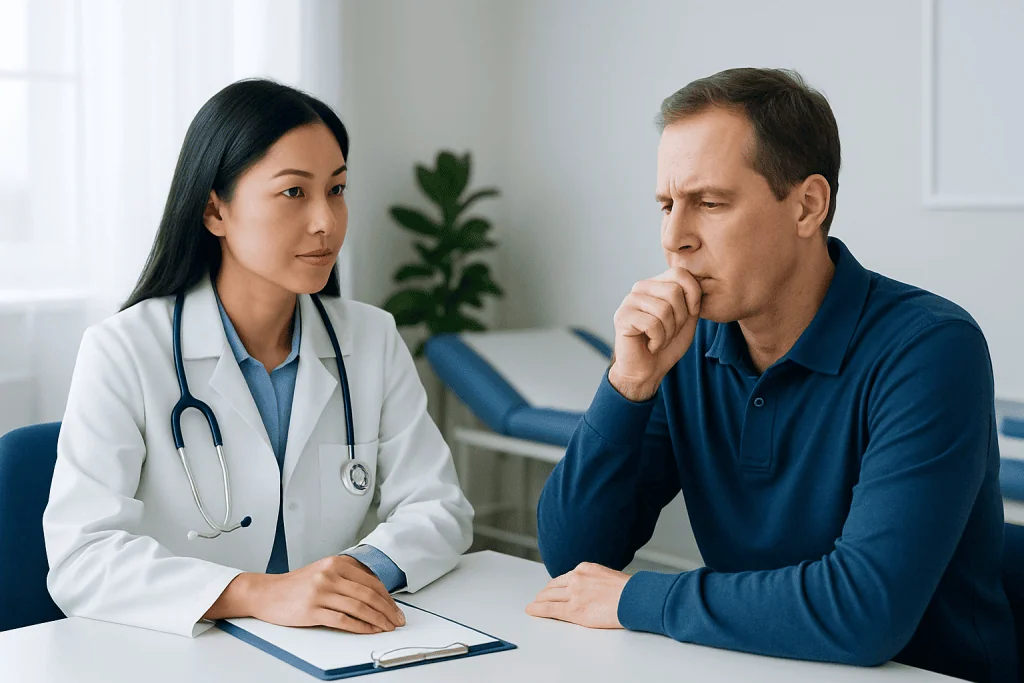 Doctor consulting with a patient about symptoms in a medical office.