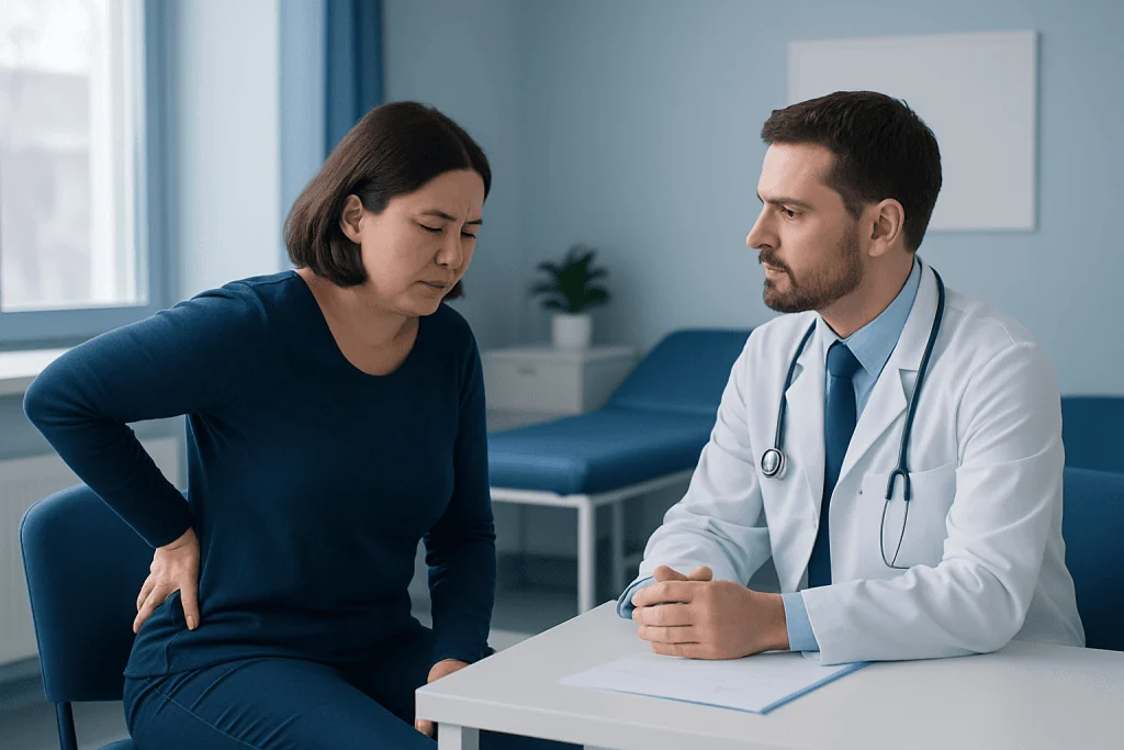 Doctor consulting with a woman patient about pain symptoms in a clinic.