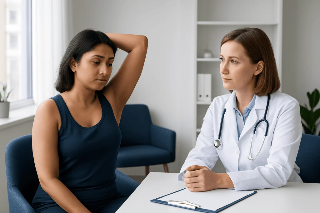 Doctor consulting with a woman patient about skin concerns in a clinic setting.