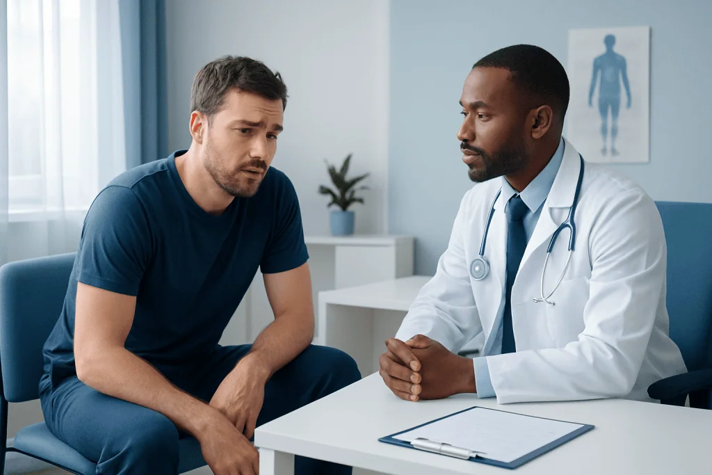 Doctor consulting with a patient about muscle fatigue and health concerns.