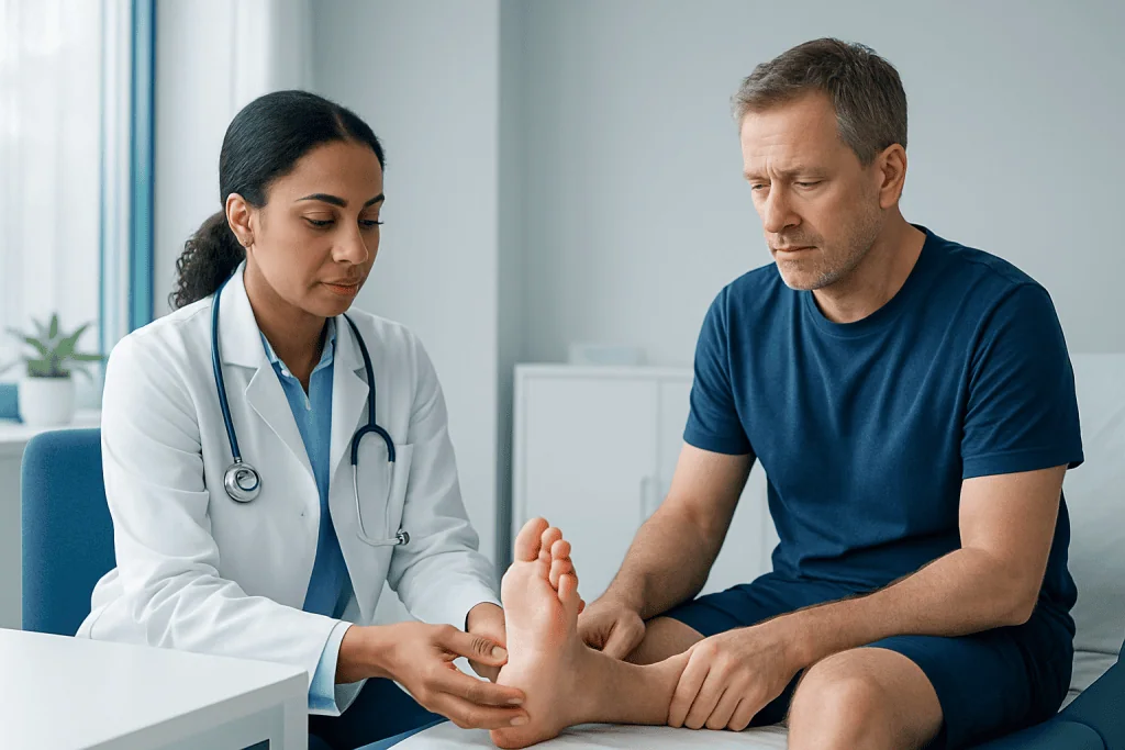 Doctor examining a patient's foot for sprain or injury.