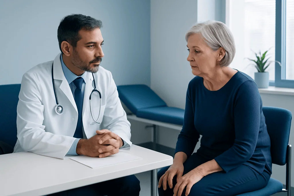 Doctor consulting with elderly woman in a medical office.