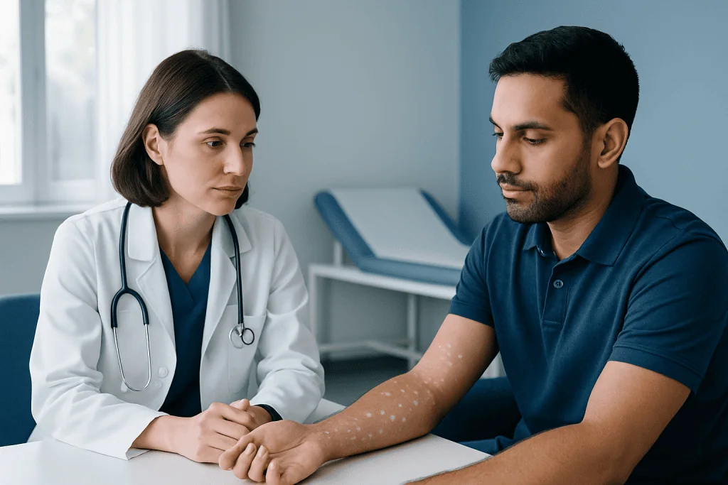 Doctor examining patient's skin for small white spots on skin.